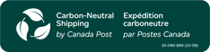 Le collant a pour inscription « Expédition Carboneutre par Postes Canada ». Cette inscription et est imprimée sur un fond de couleur vert sapin.