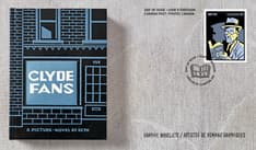 Recto : couverture de Clyde Fans, timbre sur Seth, cachet d’oblitération et texte « Artistes de romans graphiques ». Arrière-plan : béton gris.