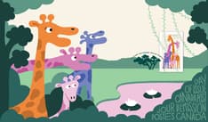 Recto du PPJO : dessin d’une famille de girafes près d’un étang, timbre, cachet d’oblitération et texte « Jour d’émission » et « Postes Canada ». 

