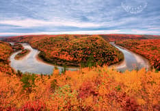 Image d’un tronçon en forme de fer à cheval de la rivière Restigouche au Nouveau-Brunswick à l’automne. Marque Port payé dans le coin supérieur droit.