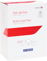 Une boîte d’expédition à tarif fixe de Postes Canada de petite taille, posée à la verticale.