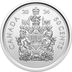 Le revers de chaque pièce de 50 cents présente les armoiries canadiennes et les mots "CANADA", "2024" et "50 CENTS"