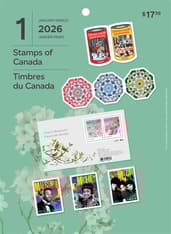 Couverture d’une pochette du collectionneur montrant un collage de timbres, et le texte « Timbres du Canada », « janvier-mars », « 2026 » et « 1 »