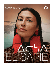 Photo d’Elisapie, paysage du Nunavik, au Québec, et texte « Elisapie » en français et en inuktitut, « Carnet de 6 timbres PermanentsMC et « Canada ».
