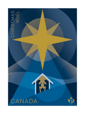 Timbre « Noël : La Nativité ». Illustration géométrique bleue et jaune de l’étoile de Bethléem illuminant la Nativité.