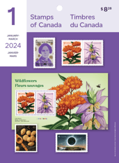 Couverture d’une pochette du collectionneur montrant un collage de timbres, et le texte « Timbres du Canada », « Janvier-mars », « 2024 » et « 1 »
