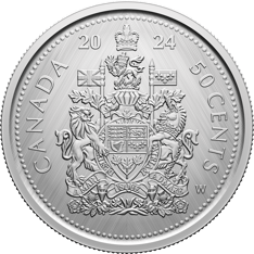 Hommage numismatique à la pièce de 50 cents, cette pièce entièrement faite d’argent présente au revers le motif des armoiries canadiennes.