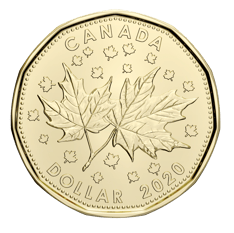 Pièce de monnaie dorée ornée de 2 feuilles d’érable sur une tige. Le texte « Canada », « dollar » et « 2020 » entoure l’image.