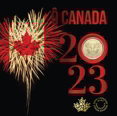 Carte ornée de feux d’artifice en forme d’unifolié, avec le texte « Ô Canada » et « 2023 ». Une pièce de 1 $ dorée remplace le 0