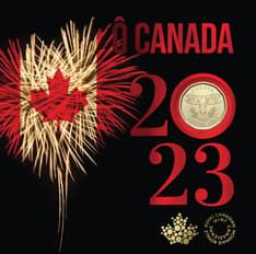 Carte ornée de feux d’artifice en forme d’unifolié, avec le texte « Ô Canada » et « 2023 ». Une pièce de 1 $ dorée remplace le 0