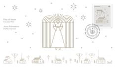 Pli Premier jour orné de l’illustration épurée d’un ange qui survole une ville. Comprend un timbre Anges de Noël et un cachet avec harpe et croix. 