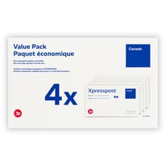 Paquet de 4 enveloppes Xpresspost avec texte « Régional ». Le paquet a un fond blanc avec du texte bleu.