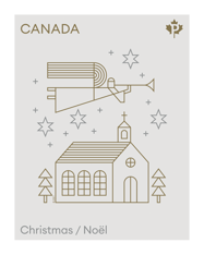Timbre gris chaud. Dans une illustration épurée, un ange entouré d’étoiles joue de la trompette et survole une église, avec le texte « Noël ». 