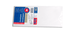 Paquet de 40 enveloppes blanches no 10. L’étiquette de Postes Canada montre le nom du produit, les dimensions et une illustration d’enveloppe postale 