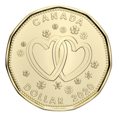 Pièce de monnaie dorée ornée de 2 cœurs entrelacés. Les mots « Canada », « dollar » et « 2020 » entourent l’image.