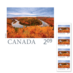 Bande de 4 timbres au tarif des envois surdimensionnés illustrant la rivière Restigouche, au Nouveau-Brunswick.