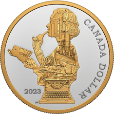 Pièce en argent pur à placage d’or ornée d’une silhouette féminine composée d’éléments du journalisme, et du texte « Canada Dollar » et « 2023 » 