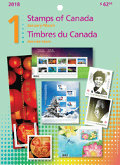 Couverture d’une pochette du collectionneur montrant un collage de timbres, et le texte « Timbres du Canada », « Janvier-mars », « 2018 » et « 1 »