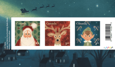 Pli Premier Jour avec timbres de portraits du père Noël, d’un renne et d’un lutin sur arrière-plan de nuit d’hiver, avec traîneau du père Noël en vol.