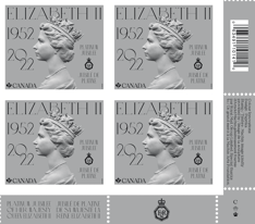 Feuillet de 4 timbres avec le texte « Jubilé de platine de Sa Majesté la reine Elizabeth II » et l’emblème commémoratif sur fond argenté.  