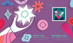 Pli Premier jour avec le texte « Donnez vie » et « Don d’organes et de tissus », le timbre, des formes et une main illustrée tenant une étoile. 