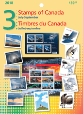 Le recto d’une pochette du collectionneur. On y voit un collage de timbres et le texte « Timbres du Canada », « Juillet-septembre », « 2018 » et « 3 »