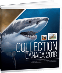 Un livre relié. Sur la couverture, on voit la partie avant d’un requin qui nage, deux timbres et le titre « Collection Canada 2018 »