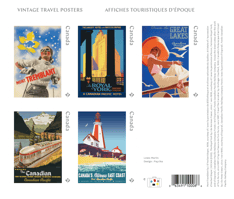 Bloc-feuillet portant le texte « Affiches touristiques d’époque » et 5 timbres ornés d’une illustration d’une destination canadienne nostalgique. 