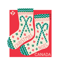 Timbre « Bien au chaud » illustrant deux chaussettes de Noël ornées de flocons de neige et de cannes de bonbon.
