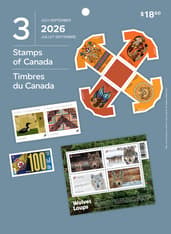 Couverture d’une pochette collectionneur montrant un collage de timbres et texte « Timbres du Canada », « juillet-septembre», « 2026 » et « 3 »