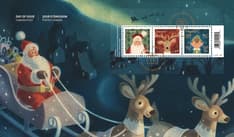 Bloc-feuillet avec illustration du père Noël et ses rennes en vol, pli Premier Jour, 3 timbres de personnages des Fêtes et cachet en forme de cadeau. 