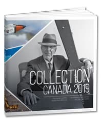 Un livre à couverture rigide posé à la verticale. On y voit le texte « Collection » et « Canada 2019 » et des images sur le thème de l’aviation