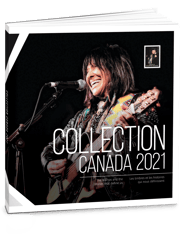 Un livre à couverture rigide posé à la verticale. On y voit le texte « Collection » et « Canada 2021 », et une artiste qui chante dans un micro  