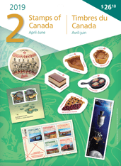 Le recto d’une pochette du collectionneur. On y voit un collage de timbres, et le texte « Timbres du Canada », « Avril-juin », « 2019 » et « 2 »