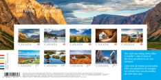 Bloc-feuillet contenant une photo du parc national des Monts-Torngat, neuf timbres Terre de nos aïeux et un court texte sur l’émission. 