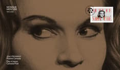 Pli Premier jour orné du texte « Monique Mercure » et « 1930-2020 » et du timbre de l’actrice, sur un gros plan de ses yeux et de son nez en sépia. 