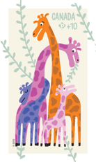 Timbre individuel. Illustration de girafes qui prennent soin de leurs petits, entourées de vignes, avec texte « Canada » et symbole Permanents + 10. 