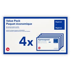 Paquet de 4 enveloppes Xpresspost avec texte « Régional ». Le paquet a un contour bleu et du texte bleu.