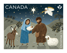 Timbre représentant Marie, Joseph et l’Enfant Jésus, à côté d’un âne et d’un agneau, avec l’étoile et l’ange au-dessus. Texte : « Canada » et « Noël »