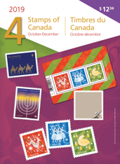 Le recto d’une pochette du collectionneur. On y voit un collage de timbres et le texte « Timbres du Canada », « Octobre-décembre », « 2019 » et « 4 »