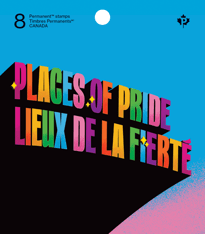 Couverture du carnet ornée du texte « Lieux de la Fierté » en lettres majuscules arc-en-ciel et « 8 timbres PermanentsMC ».