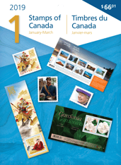 Couverture d’une pochette du collectionneur montrant un collage de timbres, et le texte « Timbres du Canada », « Janvier-mars », « 2019 » et « 1 »