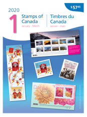 Le recto d’une pochette du collectionneur. On y voit un collage de timbres, et le texte « Timbres du Canada », « Janvier-mars », « 2020 » et « 1 »
