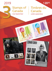 Le recto d’une pochette du collectionneur. On y voit un collage de timbres et le texte « Timbres du Canada », « Juillet-septembre », « 2019 » et « 3 »