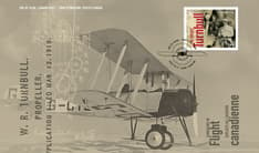 Un pli Premier Jour montrant un avion en vol, des détails de l’invention de W. Rupert Turnbull et son timbre « Exploits de l’aviation canadienne »