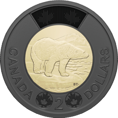 Pièce avec anneau extérieur noir et centre doré, ornée d’un ours polaire sur une banquise et du texte « Canada » et « 2 dollars ».