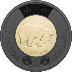 Pièce avec anneau extérieur noir et centre doré, ornée d’un ours polaire sur une banquise et du texte « Canada » et « 2 dollars ».