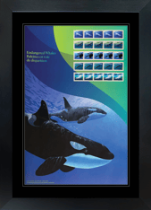 Planche encadrée avec deux baleines, un motif de vagues, 25 timbres et le texte « Baleines en voie de disparition » en français et en anglais