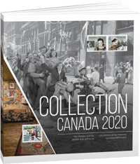 Livre à couverture rigide avec le texte « Collection » et « Canada 2020 », des timbres de Veronica Foster et Léo Major et une photo de fin de guerre 
