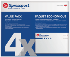 Paquet économique de 4 enveloppes XpresspostMC prépayées pour expédition nationale en 2 jours présentant le texte « 4x »